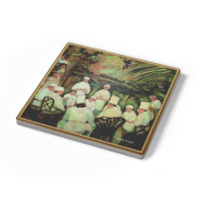 Load image into Gallery viewer, Chefs_Gathering_in_Garden_SquareStoneCoaster_Angle_Mockup.png_16225529